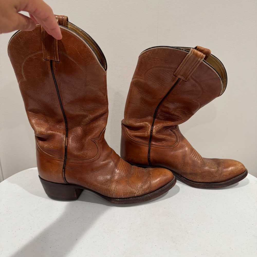 Vintage Tony Lama Cowboy Boots Mens 9 Tan Leather Western Round Toe USA 5084 - Picture 7 of 8